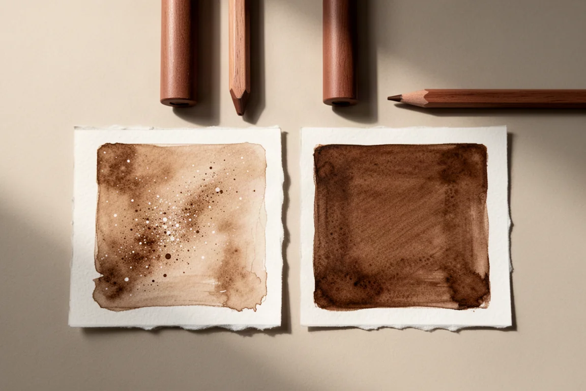 Two sepia-toned swatches side by side on watercolor paper for comparison