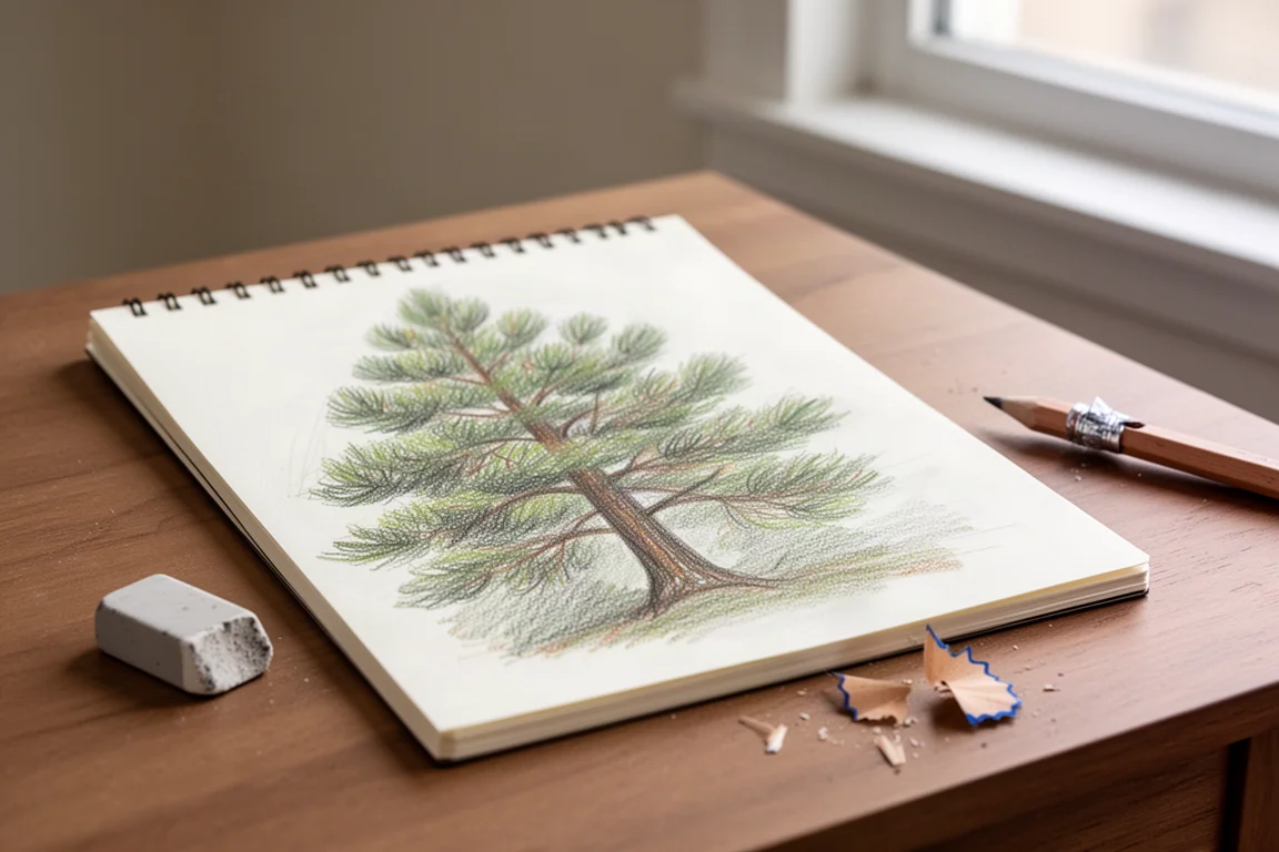 Sketch of a pine tree colored with water-soluble pencils in a sketchbook