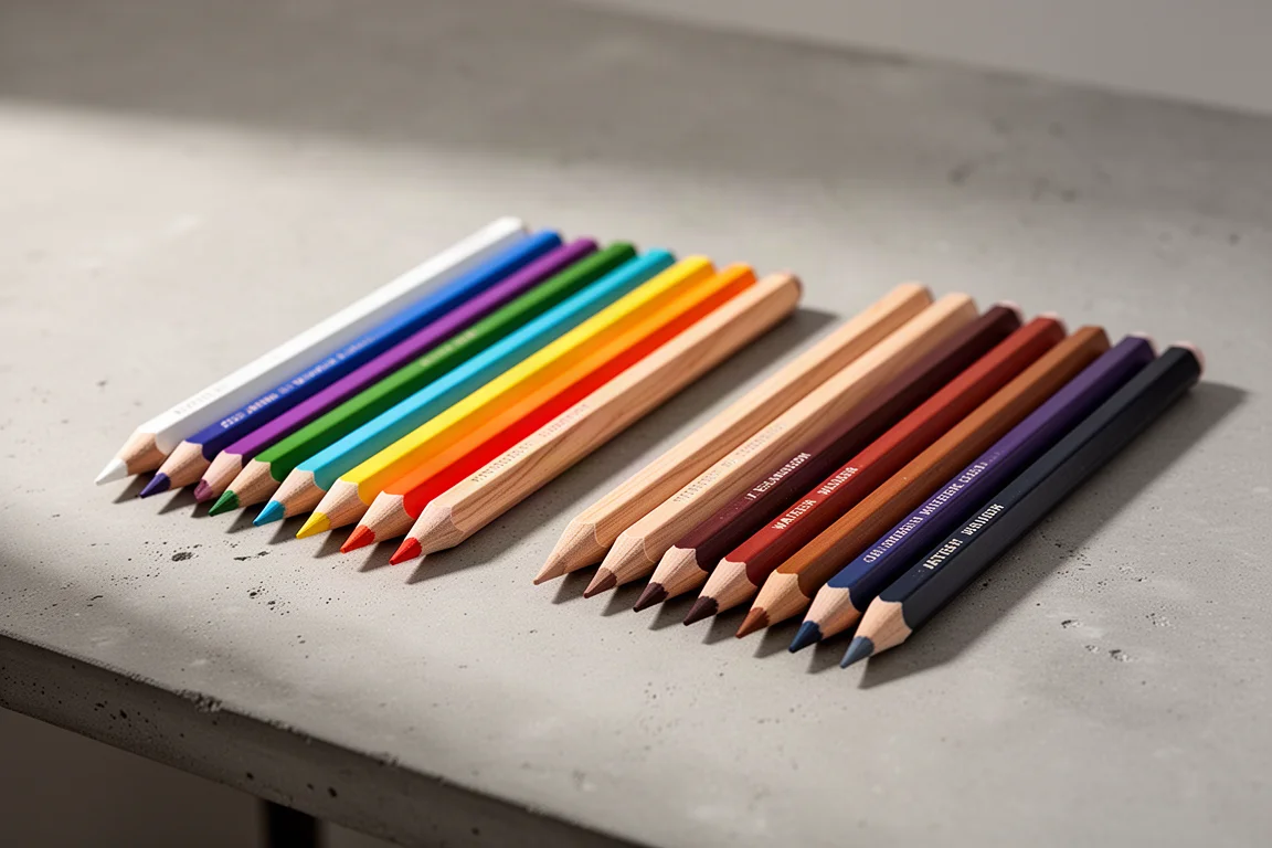 Two groups of hexagonal water-soluble colored pencils on a concrete desk