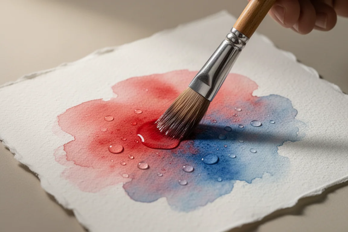 Akvarellpensel som aktiverar pigment på texturerat akvarellpapper i bomull