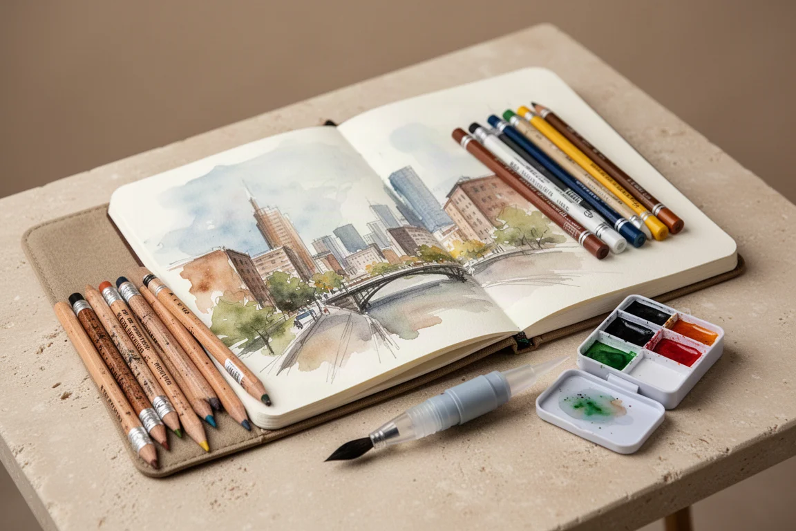 Urban sketchers skrivbord med pennor, vattenpensel och skissbok i dagsljus