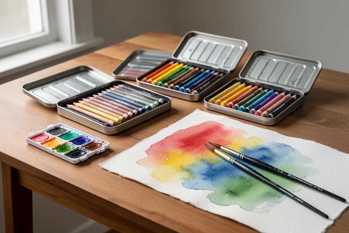Open tins of watercolor pencils with a brush and pigment washes on a wooden desk
