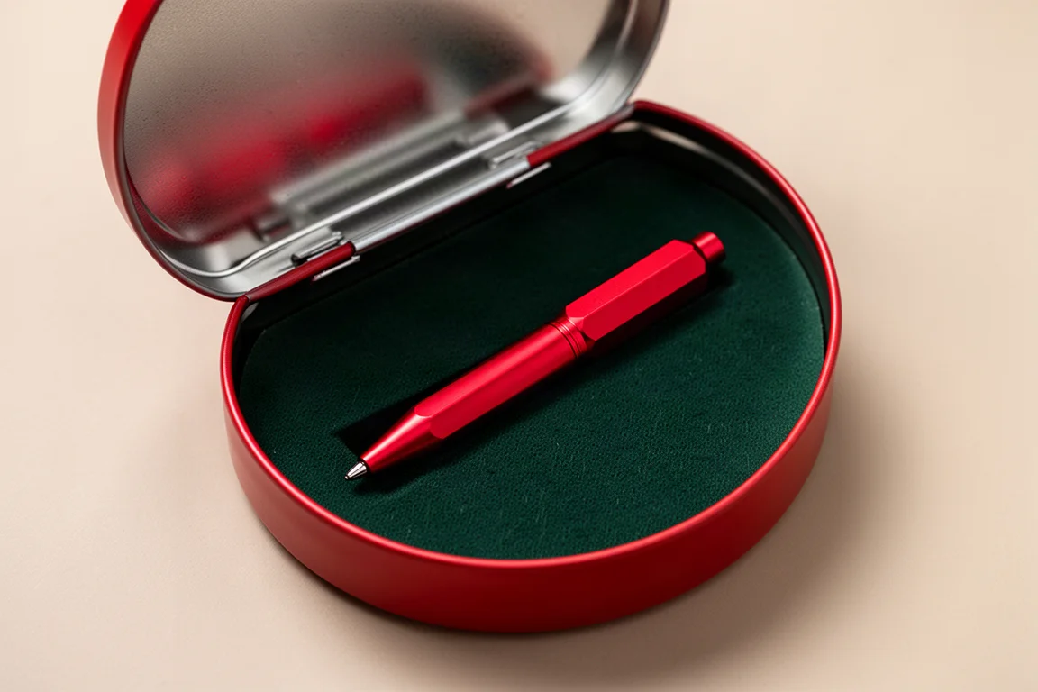 Open red metal tin revealing a red ballpoint pen on deep green lining