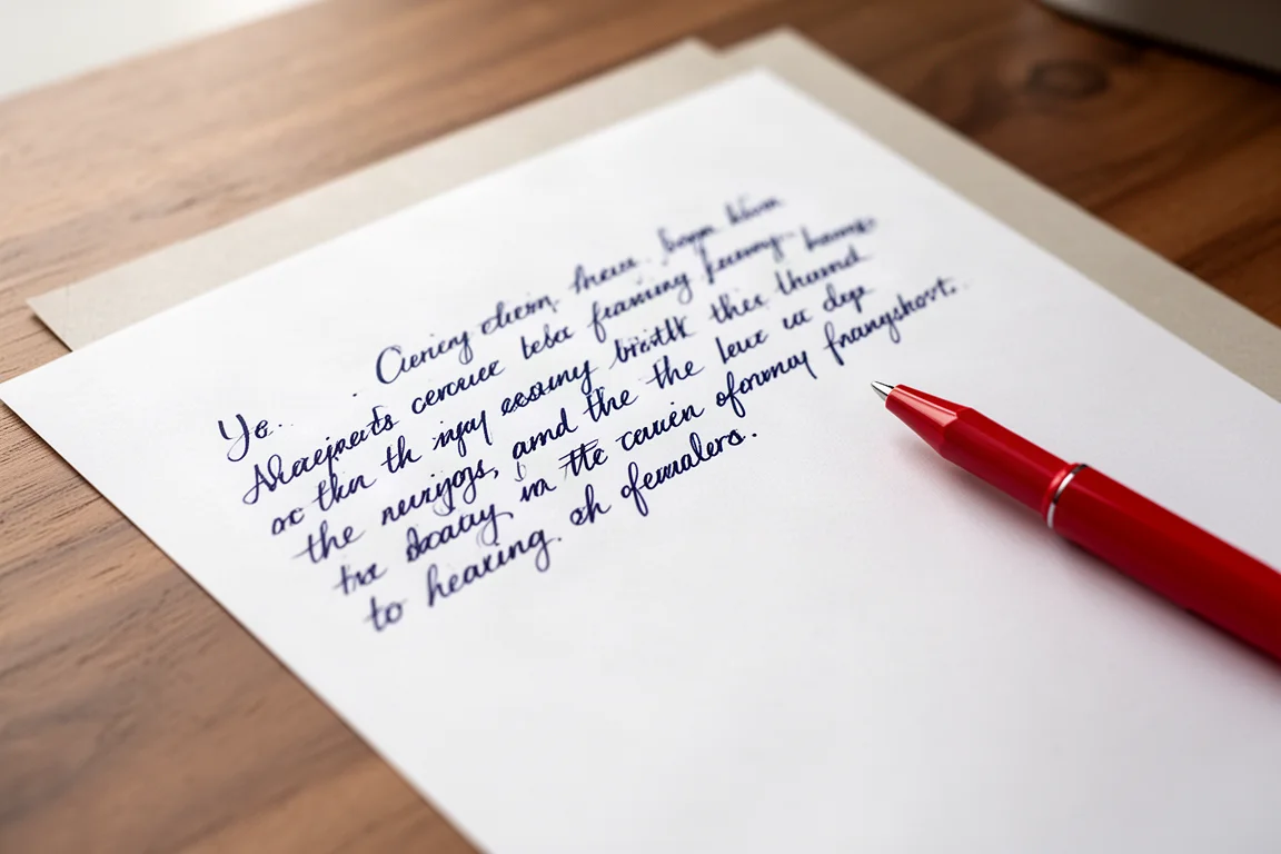 Hand writing smoothly on white paper with a red ballpoint pen