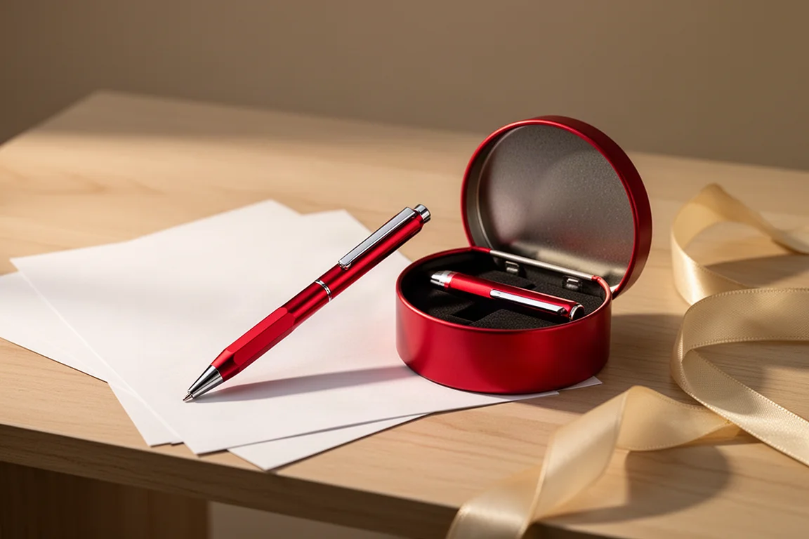 Red pen and tin case arranged on a desk beside wrapping paper