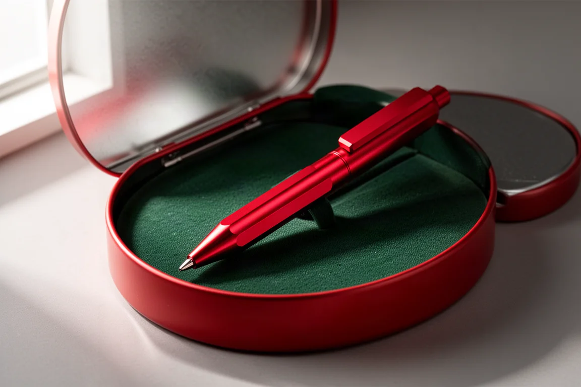 Red hexagonal aluminum ballpoint pen inside an open red tin with green lining