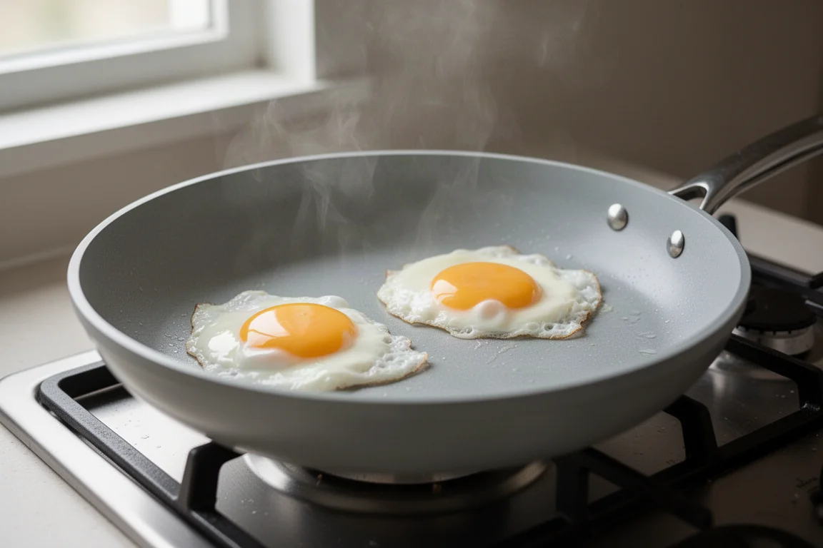 Ceramic non-stick pan with eggs sliding easily across its light gray interior