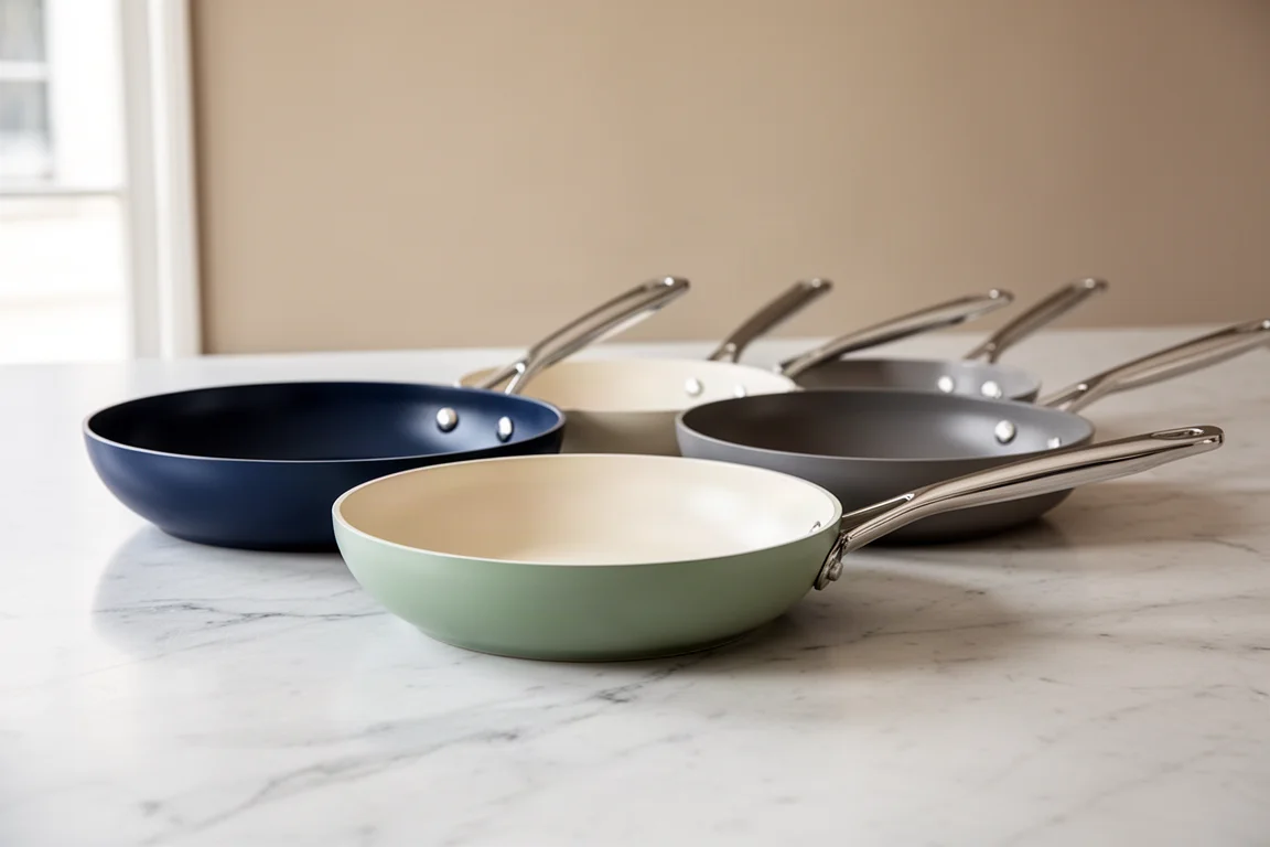 Colorful ceramic pans arranged on a bright kitchen counter
