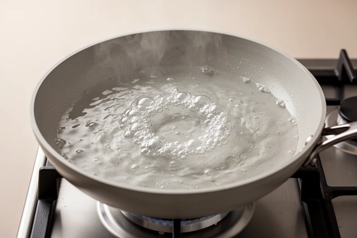 Water boiling evenly in a frying pan on a gas burner
