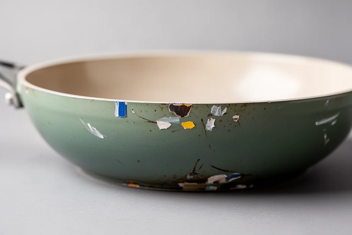 Close-up of chipped exterior paint on a ceramic pan