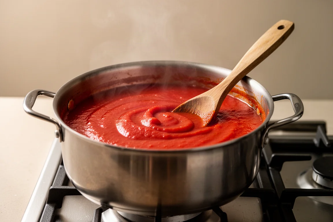 Salsa de tomate hirviendo a fuego lento en una olla esmaltada sobre la cocina