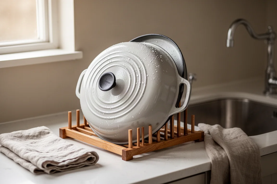 Secando una olla esmaltada limpia con un paño de cocina junto al fregadero