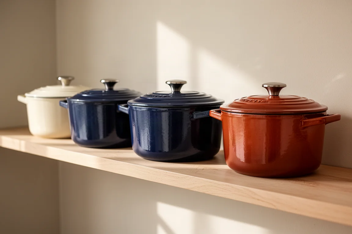 Ollas de hierro fundido esmaltado en colores suaves colocadas en una estantería de cocina