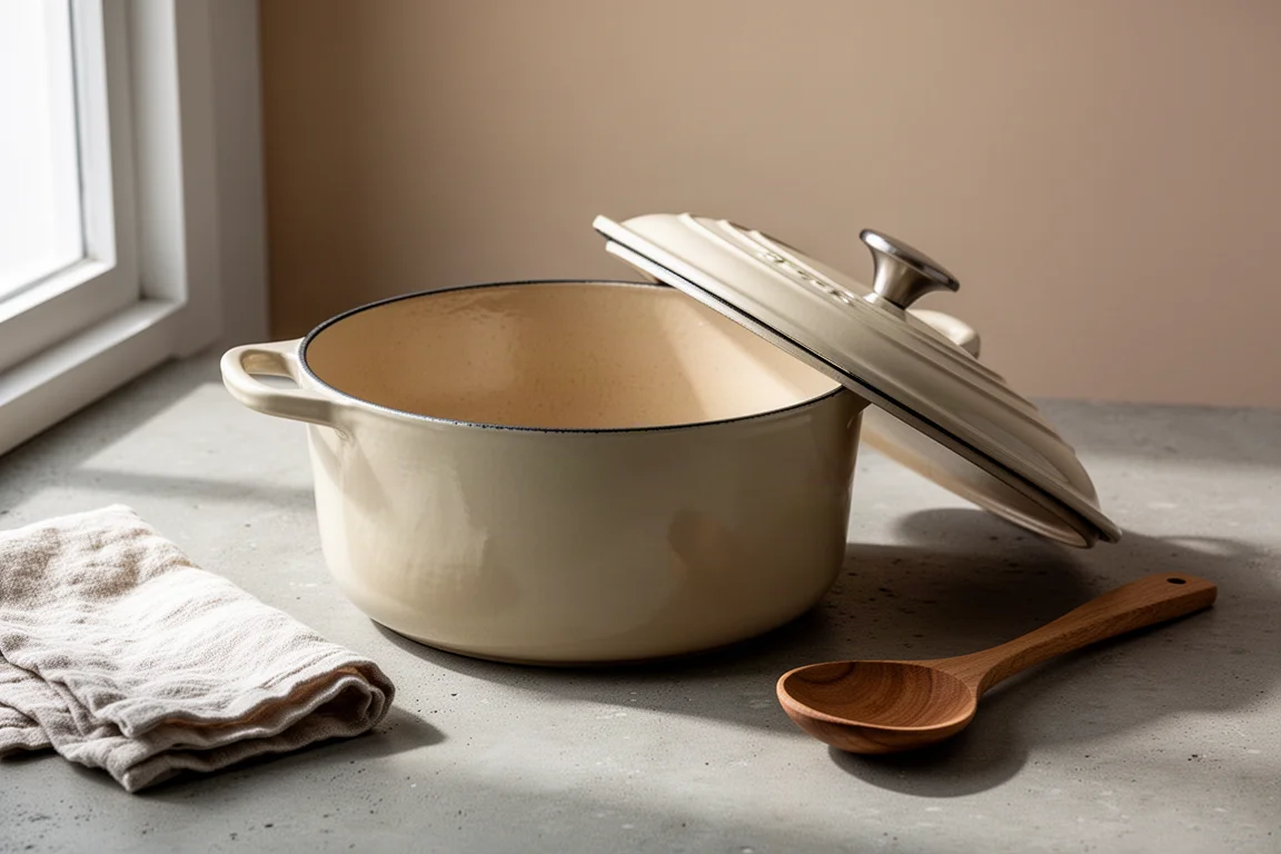 Cream-colored enameled cast iron Dutch oven on a concrete surface with lid ajar