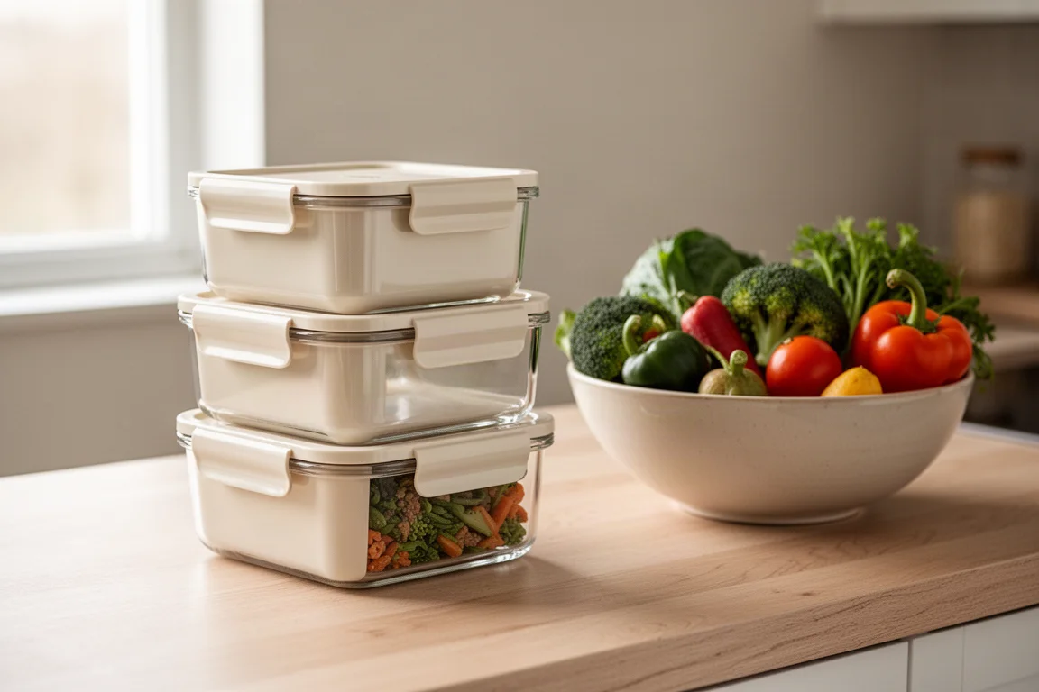 Stacked glass food storage containers on a kitchen counter in soft daylight