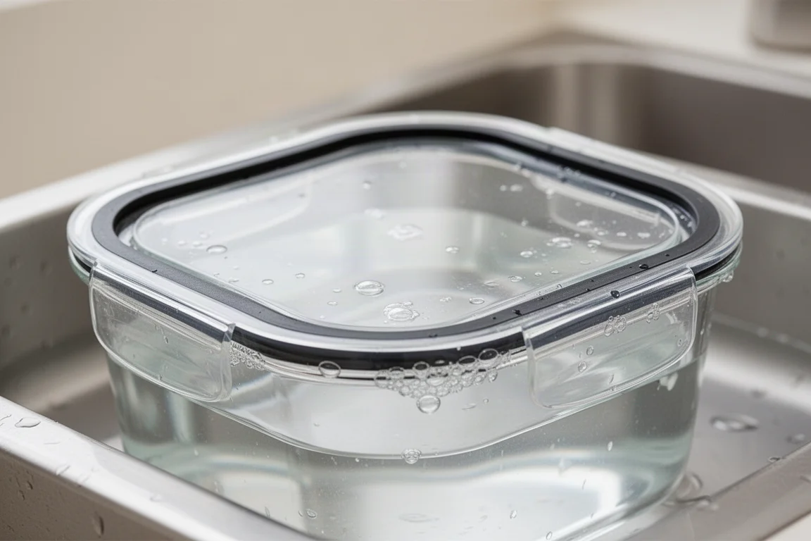 Close-up of a container lid's rubber seal being tested under water