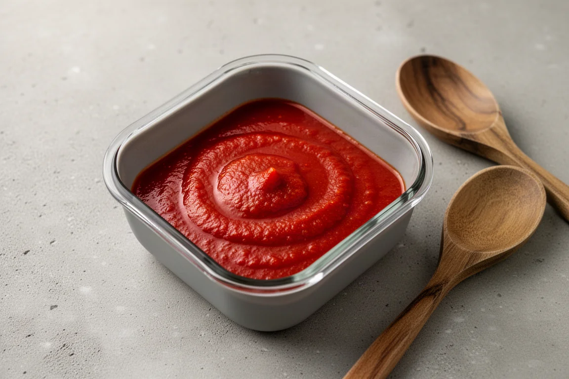 Tomato sauce inside a clean stain-free glass container