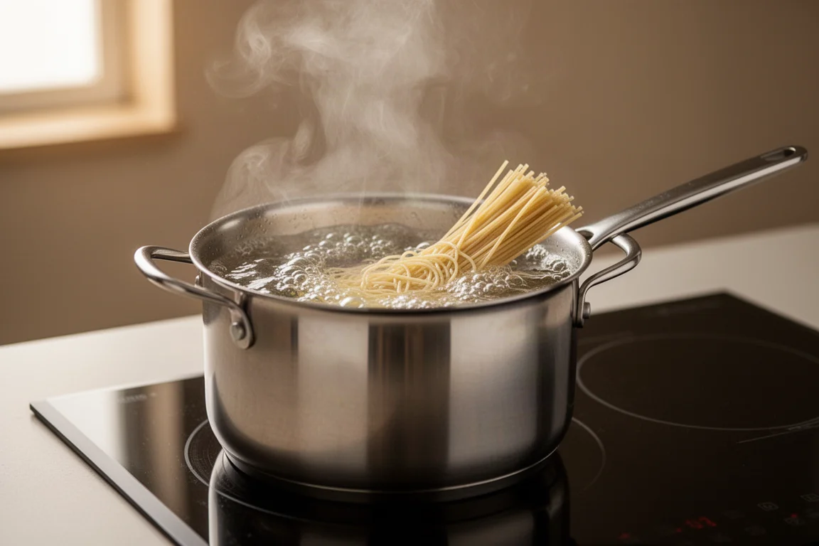 Pentola di pasta in ebollizione su un piano cottura con vapore che sale