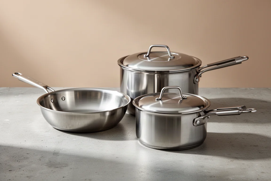 Fully clad stainless steel cookware set with saucepan and lid on concrete surface