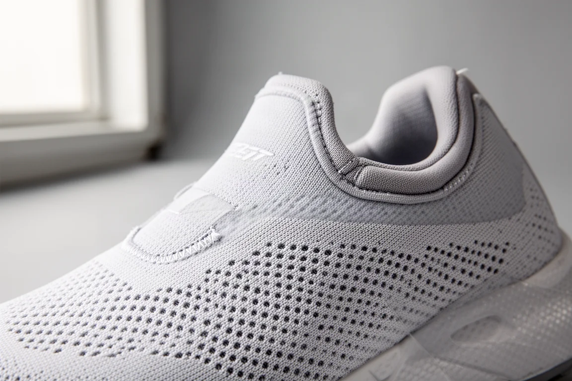 Close-up of a breathable racing shoe mesh upper and heel collar