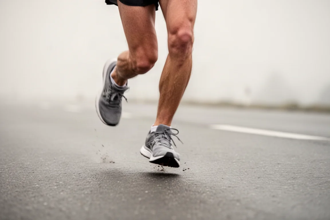 Runner's mid-foot strike on smooth pavement during a race