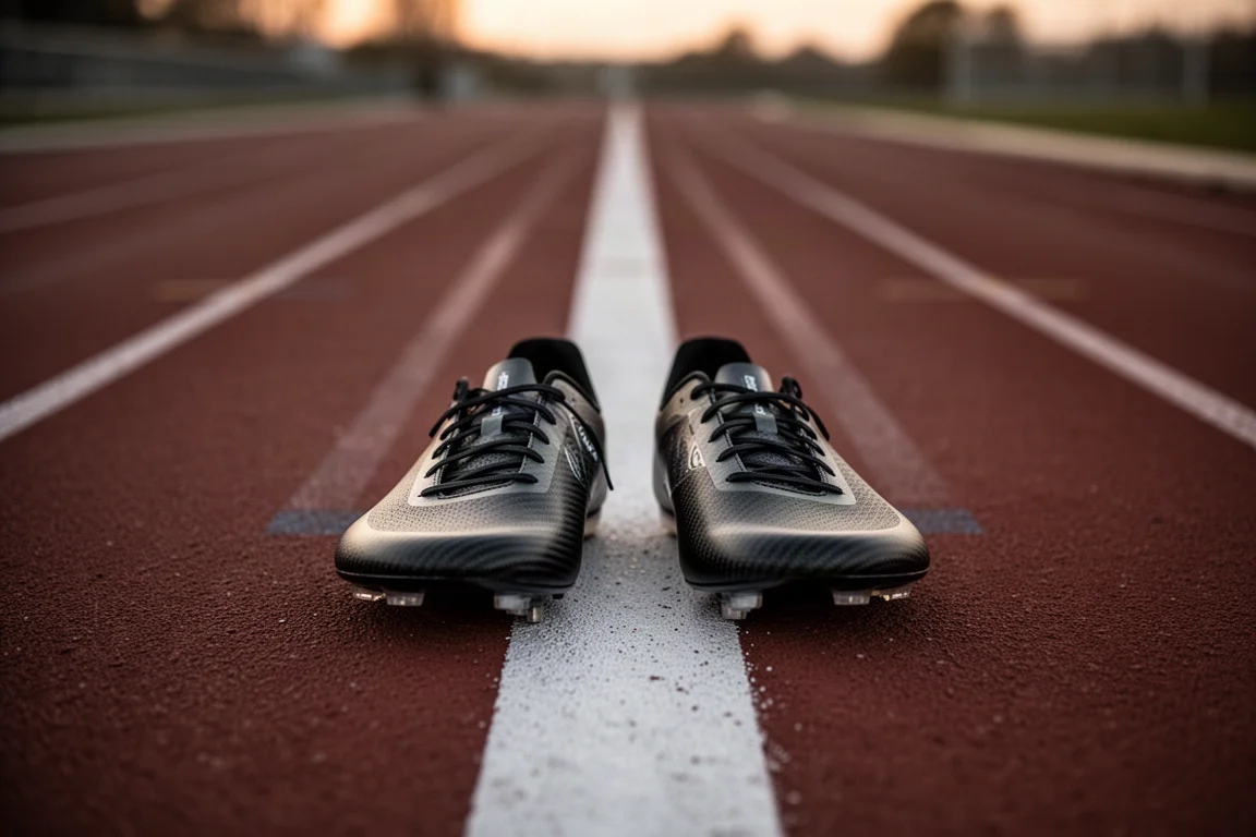 Pair of racing shoes on a track starting line at dusk