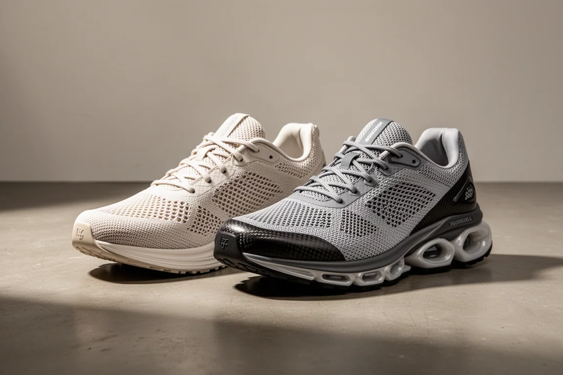 Two carbon plate racing shoes side by side on a concrete studio floor