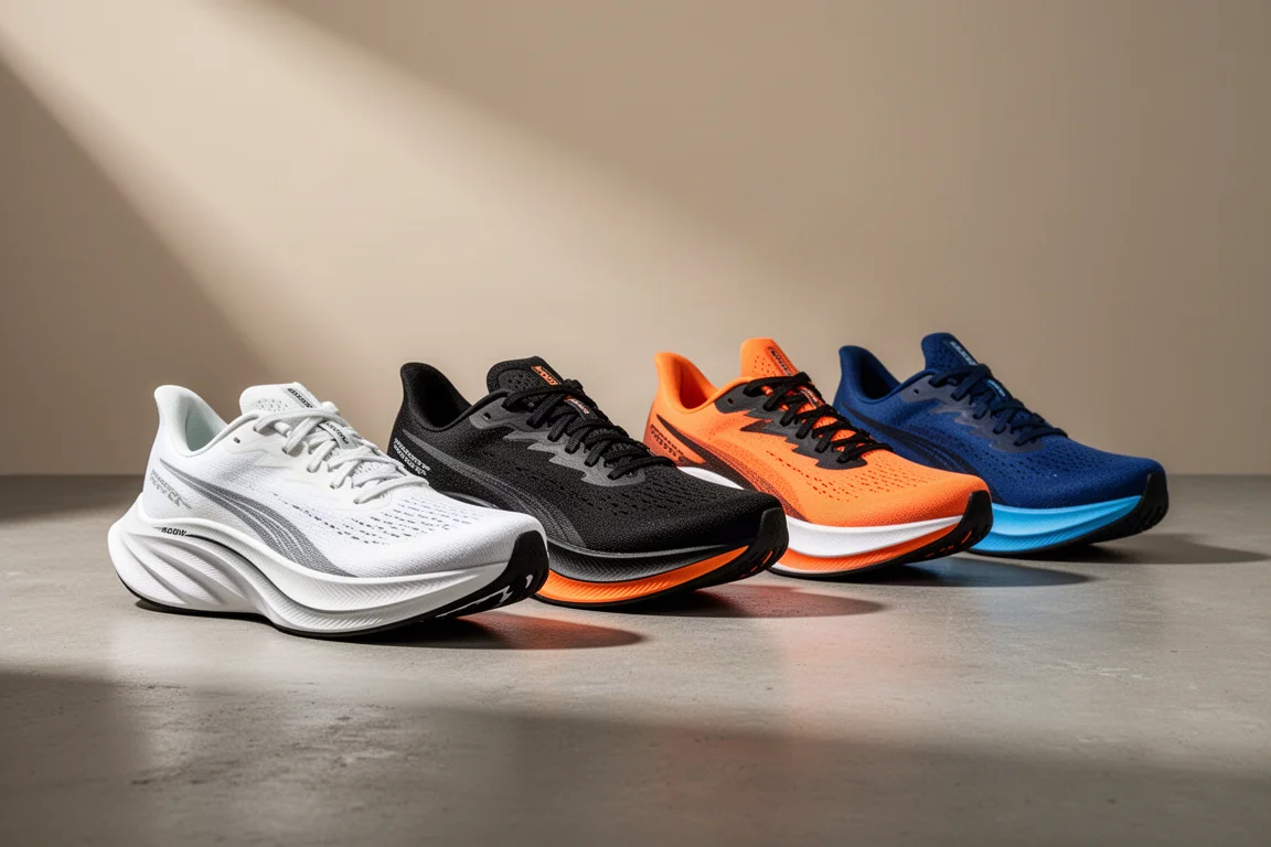 Six modern carbon plate running shoes lined up on a concrete surface