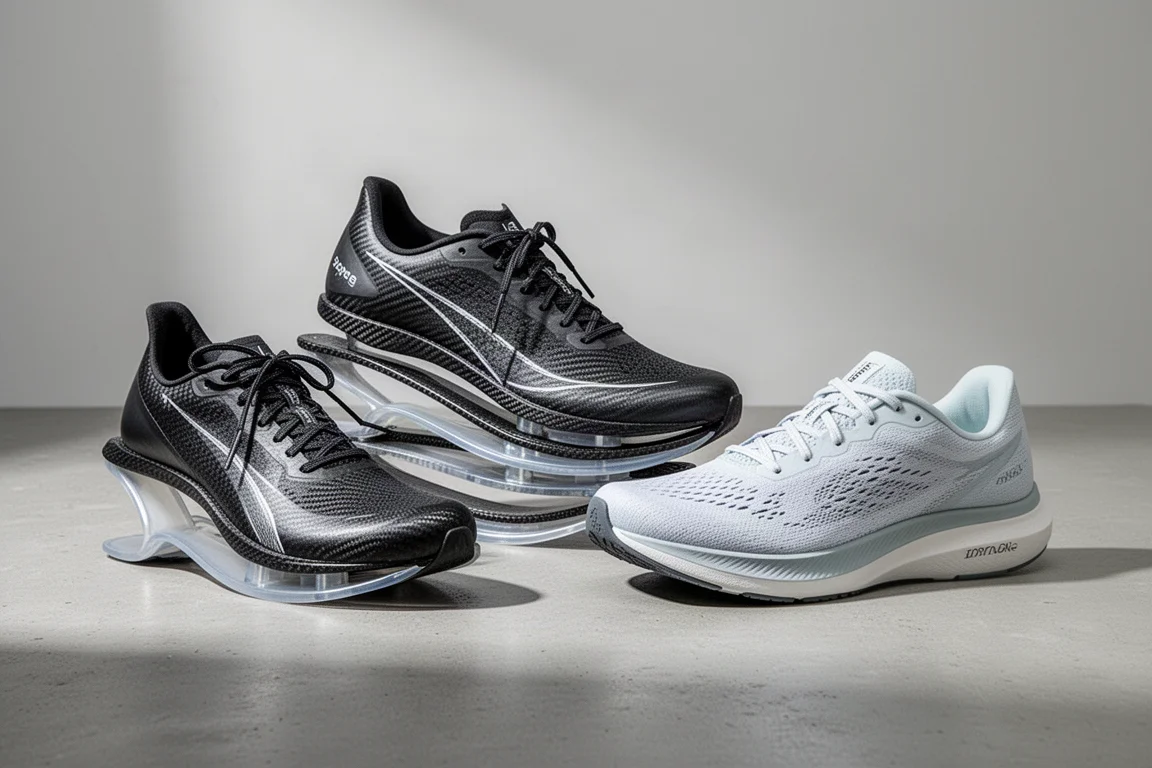 Carbon plate racing shoes and a conventional trainer arranged on a concrete surface