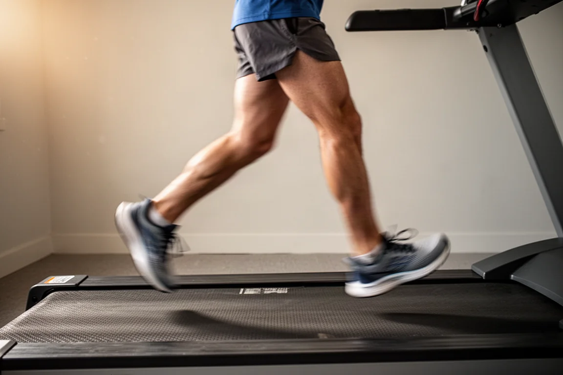 Laufende Beine eines Läufers im Laufschritt auf einem Laufband in minimalistischem Innenraum
