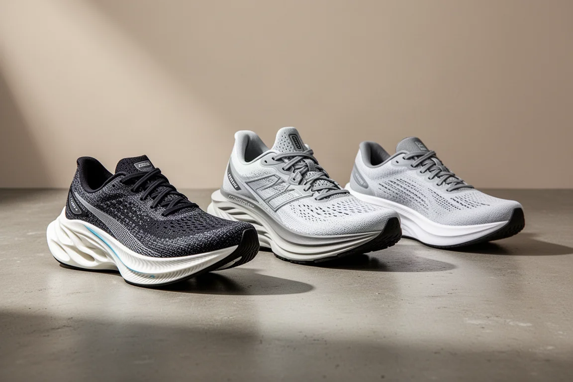 Three On running shoes lined up on a concrete surface in editorial lighting