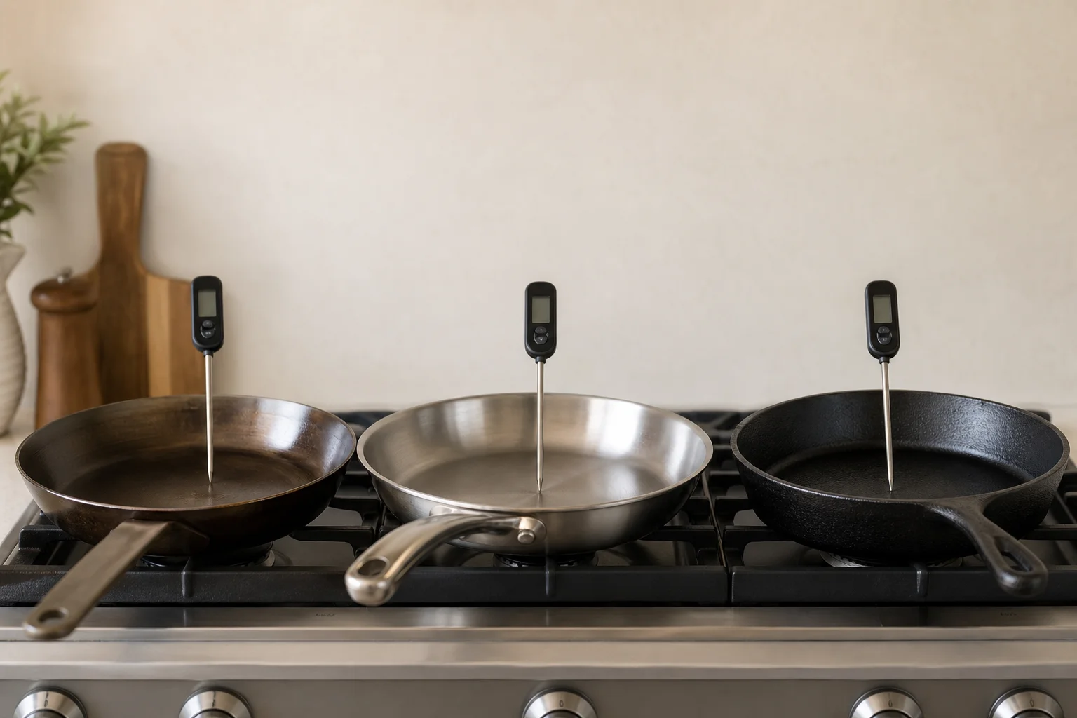 Three frying pans heating on stovetop with thermometer probes measuring temperature