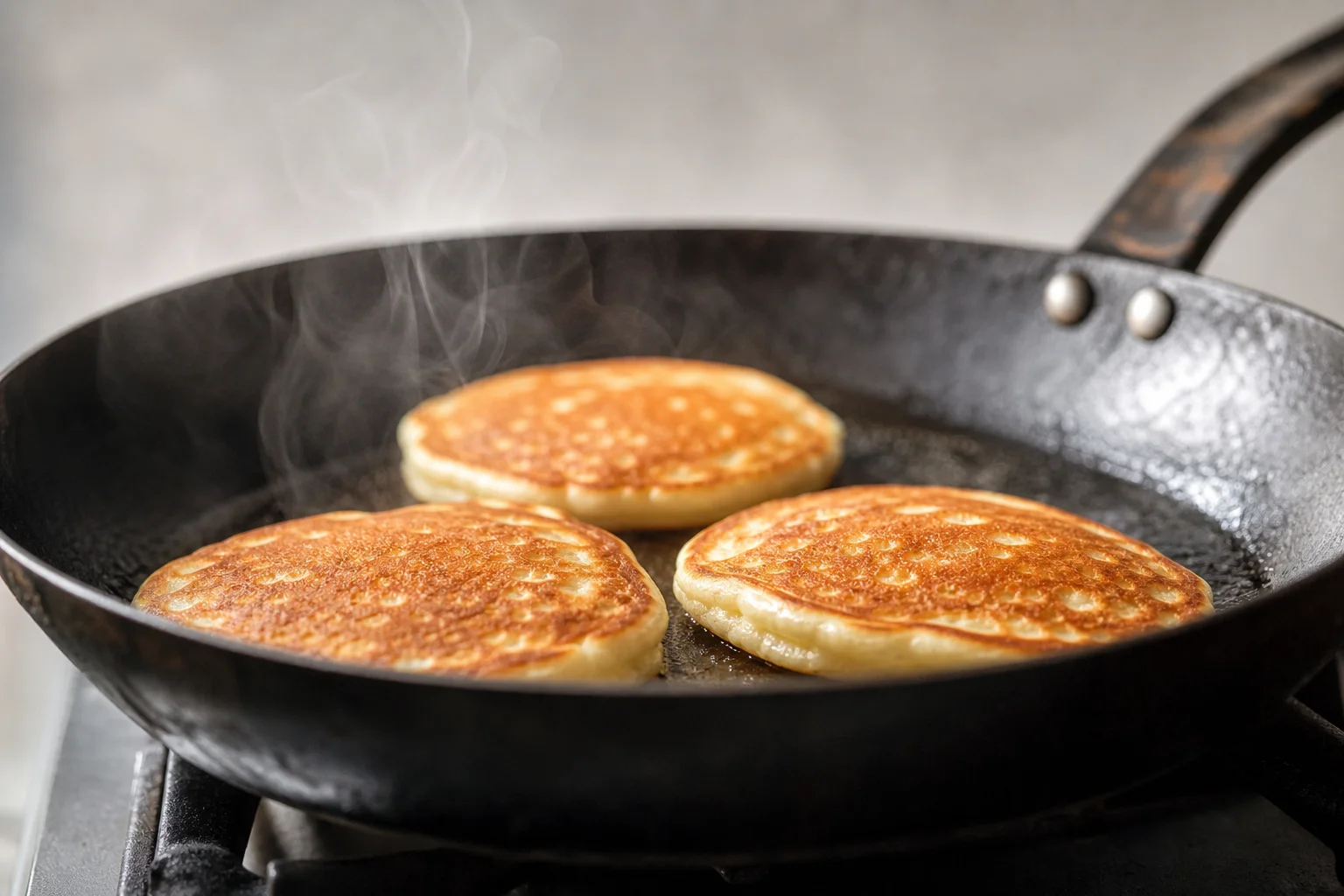 Pancakes cooking in carbon steel pan with golden-brown edges and steam