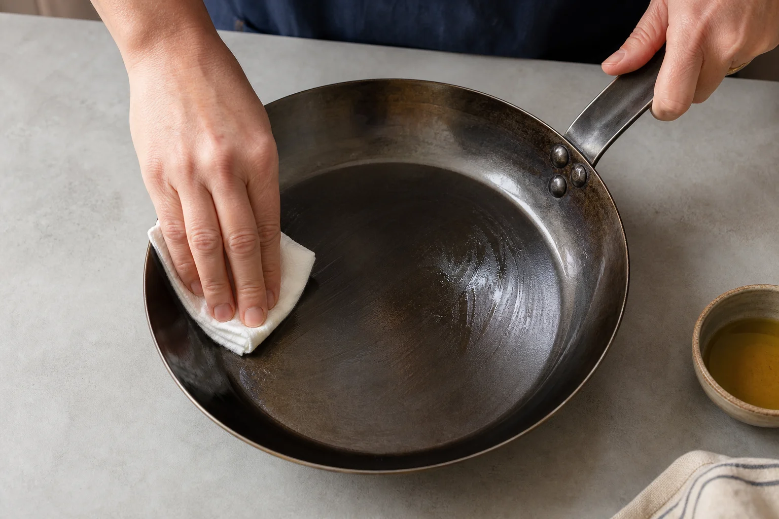 Hands applying thin oil layer to carbon steel pan with cloth