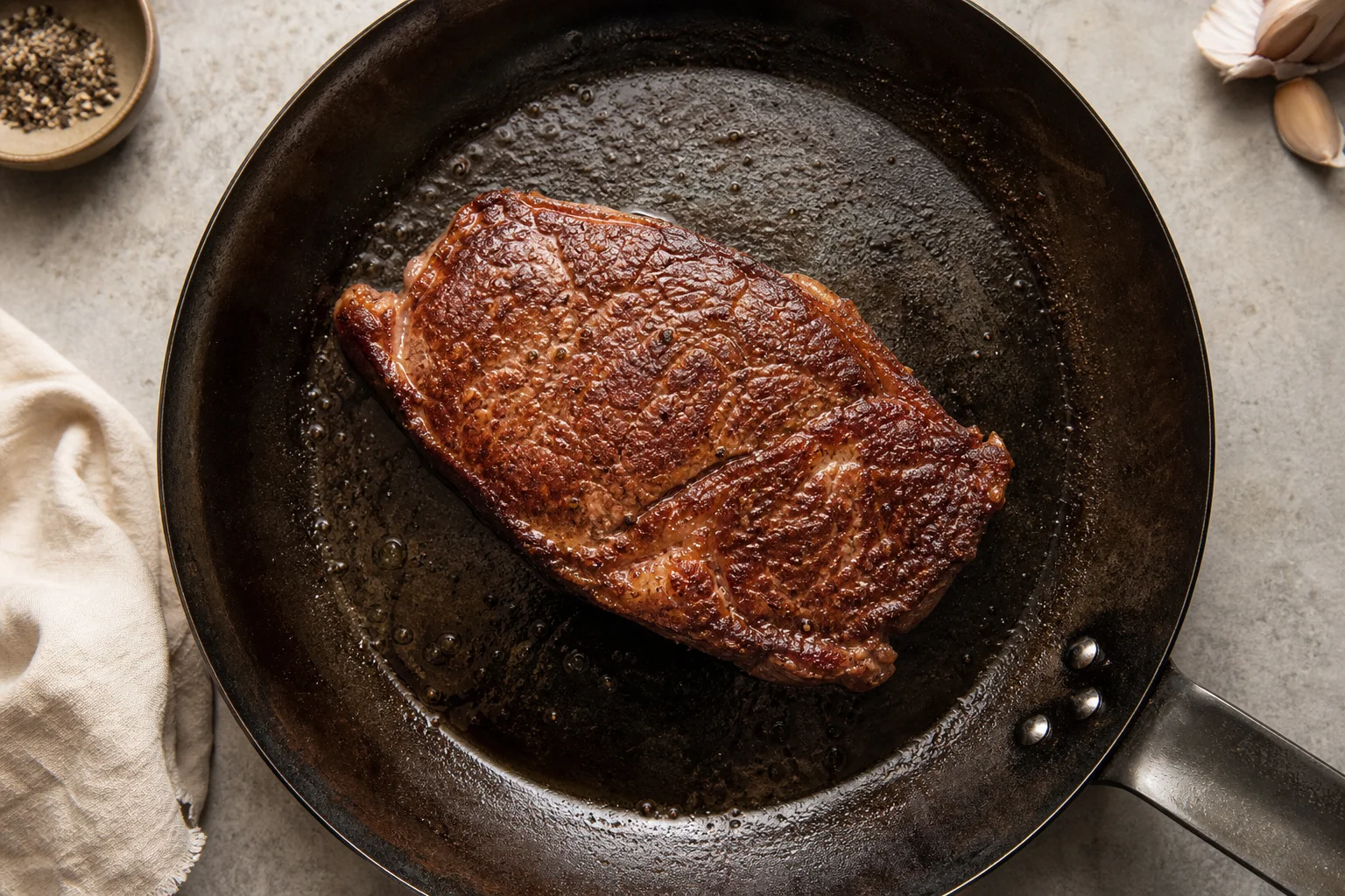 Seared steak with golden crust resting in carbon steel pan