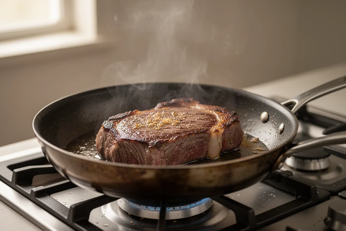 Röstmarken, die sich an einem Steak in heißer Pfanne auf dem Herd bilden