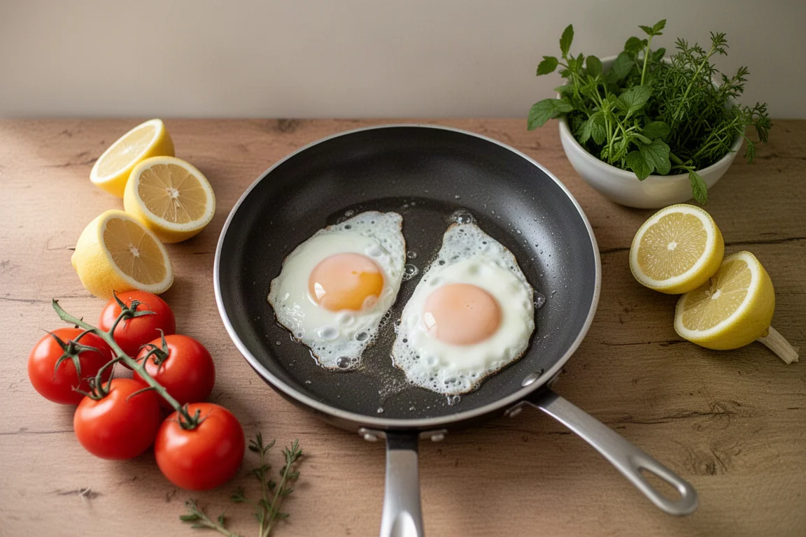 Eier braten in einer glatten Pfanne neben frischen Zutaten auf einer Arbeitsplatte