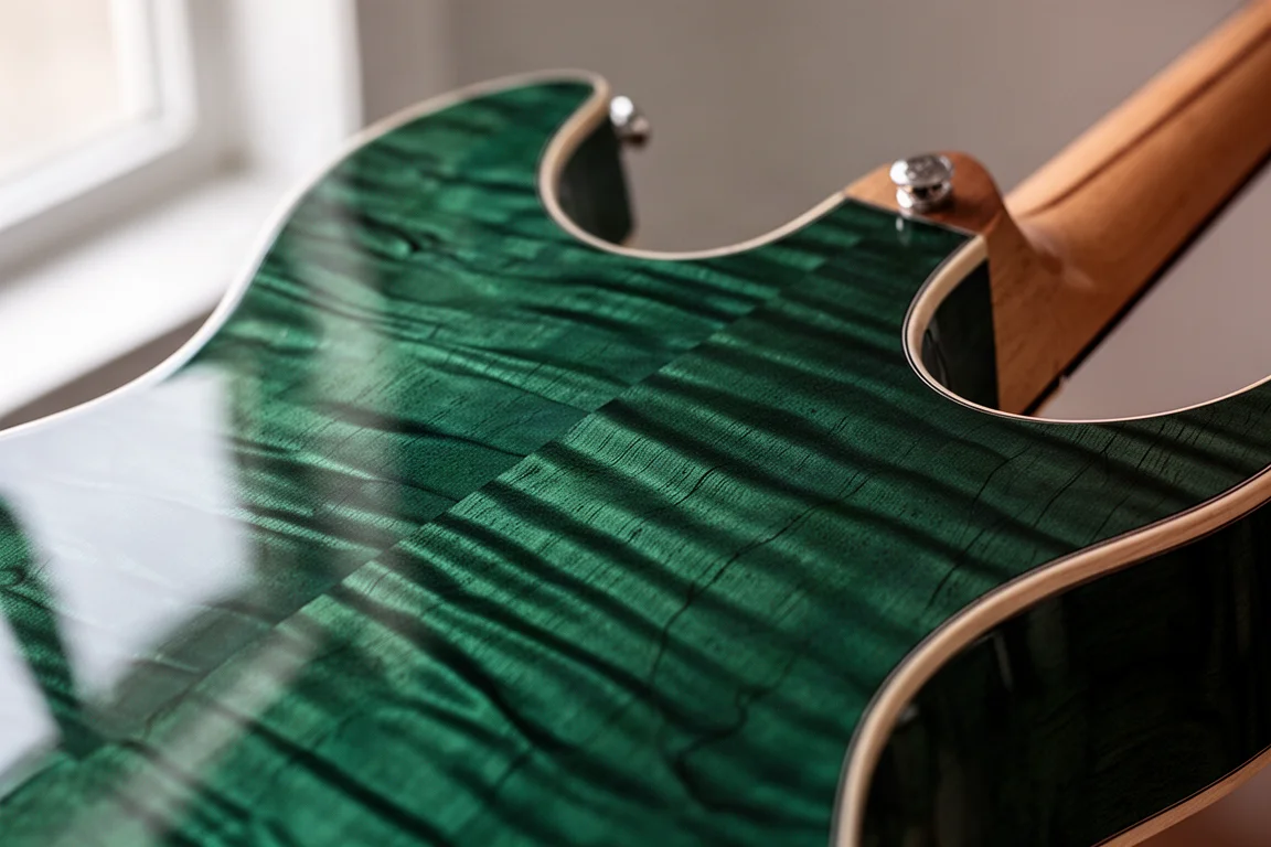 Nahaufnahme einer smaragdgrünen Quilted-Gitarrendecke, die die Tiefe der Holzmaserung zeigt