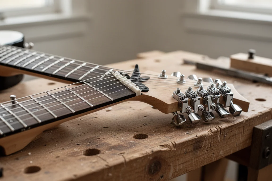 E-Gitarrenhals und Kopfplatte mit Locking-Tunern auf einer Werkbank