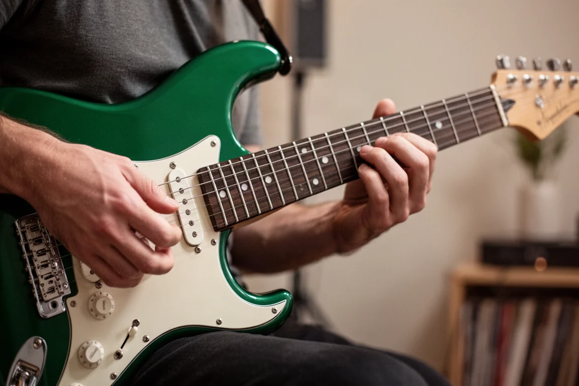Hände eines Gitarristen, die im Heimstudio Akkorde auf einer E-Gitarre spielen