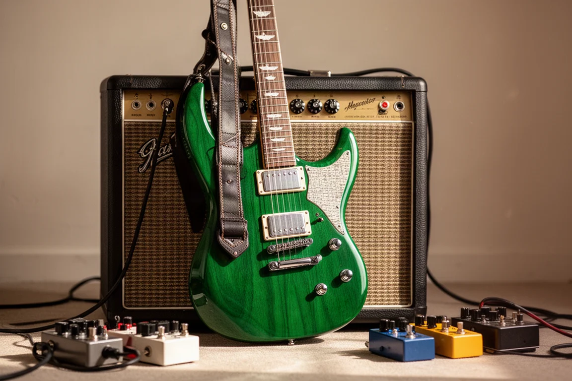 E-Gitarre, die an einem Verstärker lehnt, mit Pedalen auf dem Boden