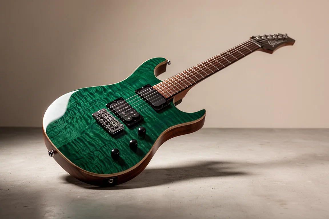 E-Gitarre von Cardinal Guitars mit smaragdgrüner Quilted-Decke auf Betonoberfläche