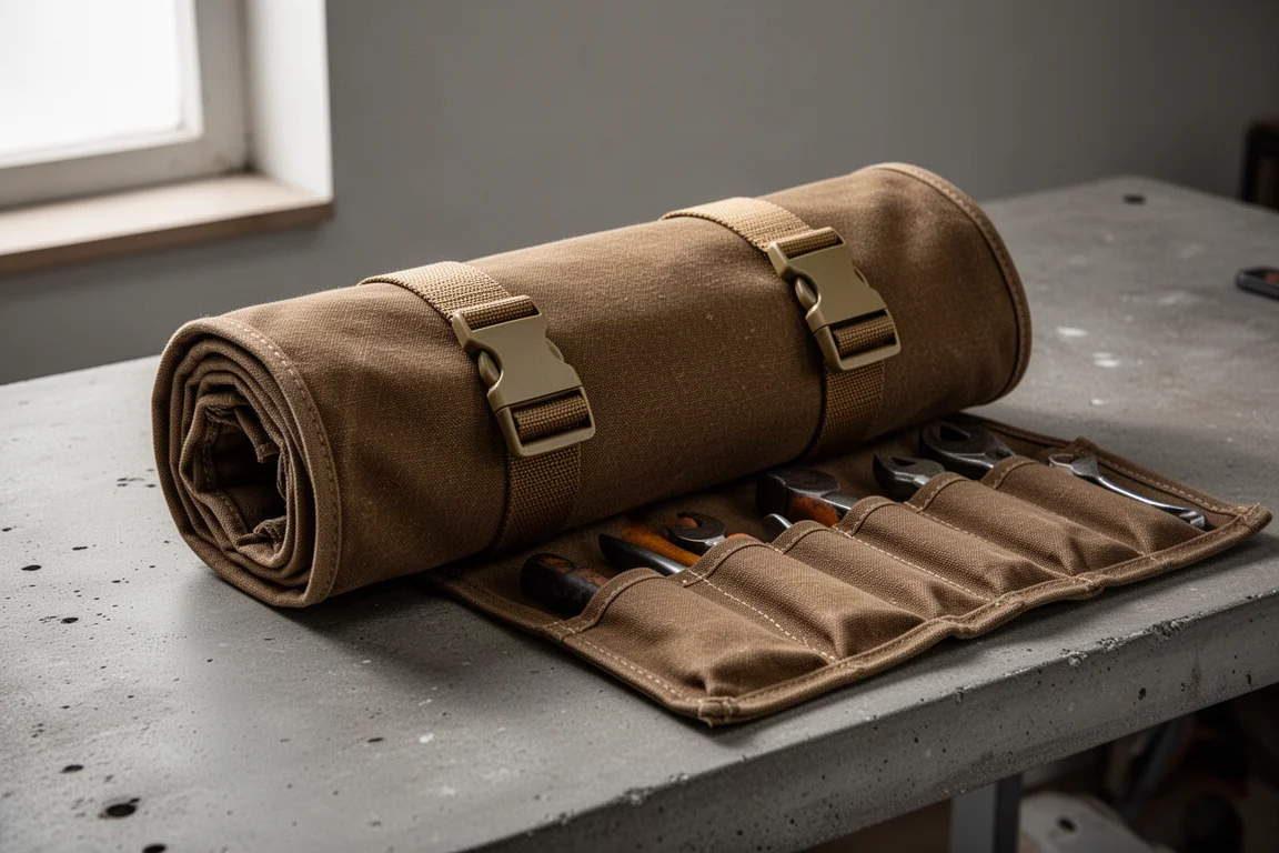 Rolled brown canvas tool roll with nylon straps and buckles on a concrete workbench