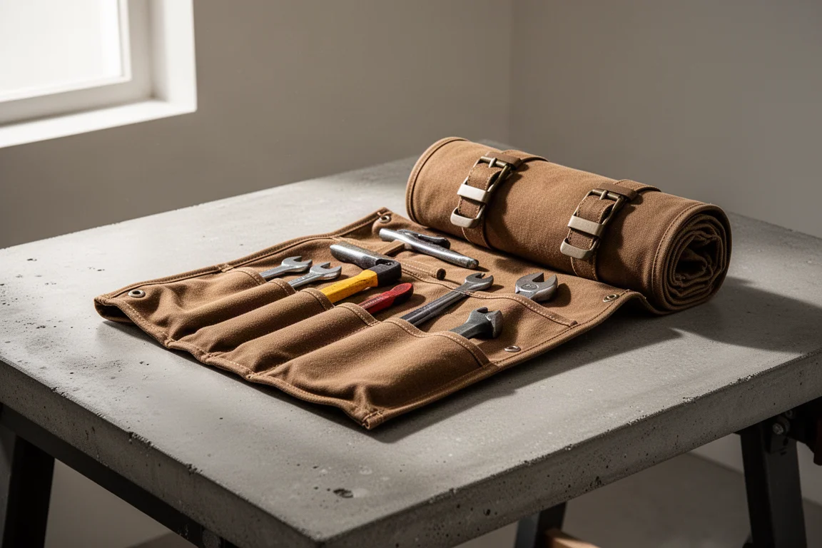 Brown canvas tool roll organizer partially unrolled on a workbench