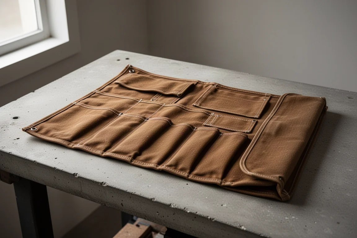 Unrolled canvas tool roll with empty stitched pockets laid flat on a workbench
