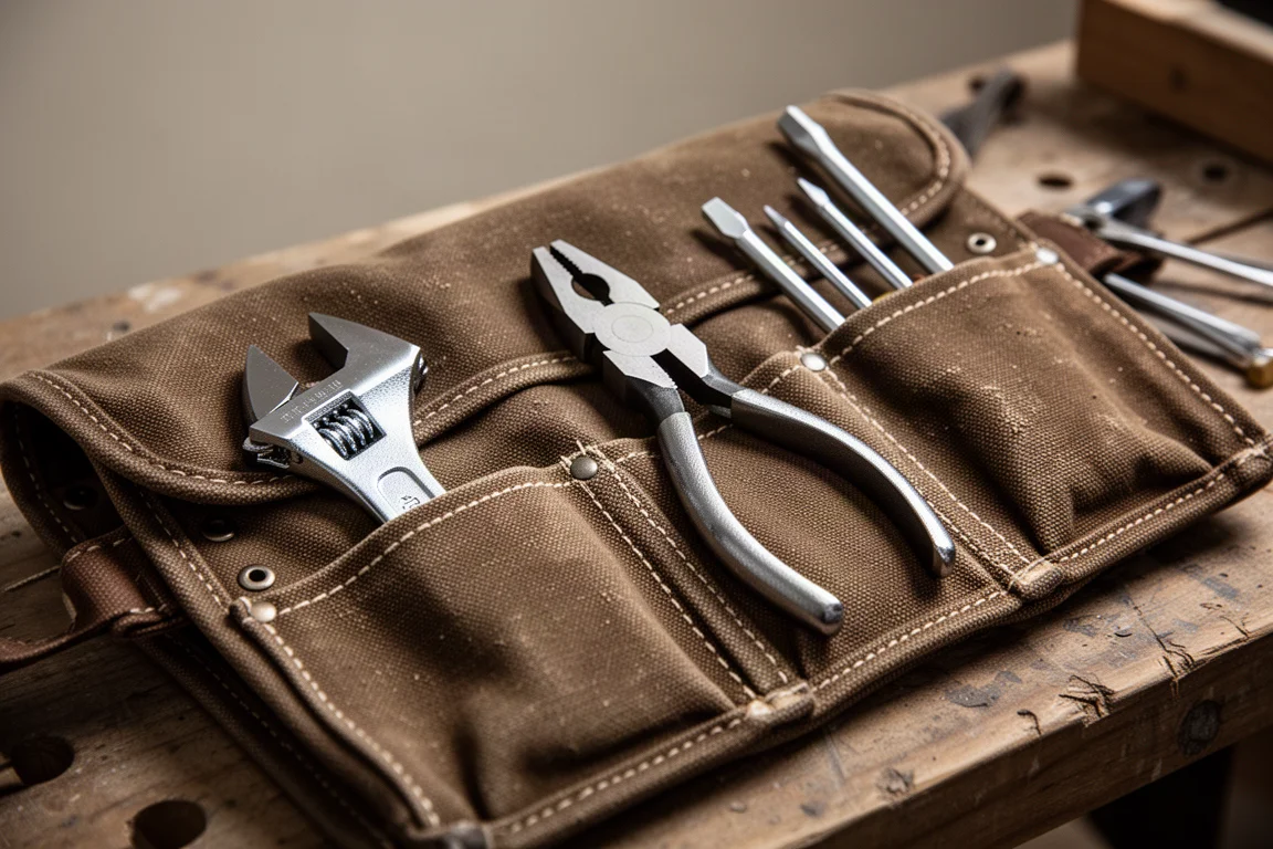 Hand tools being placed into the pockets of a canvas tool roll