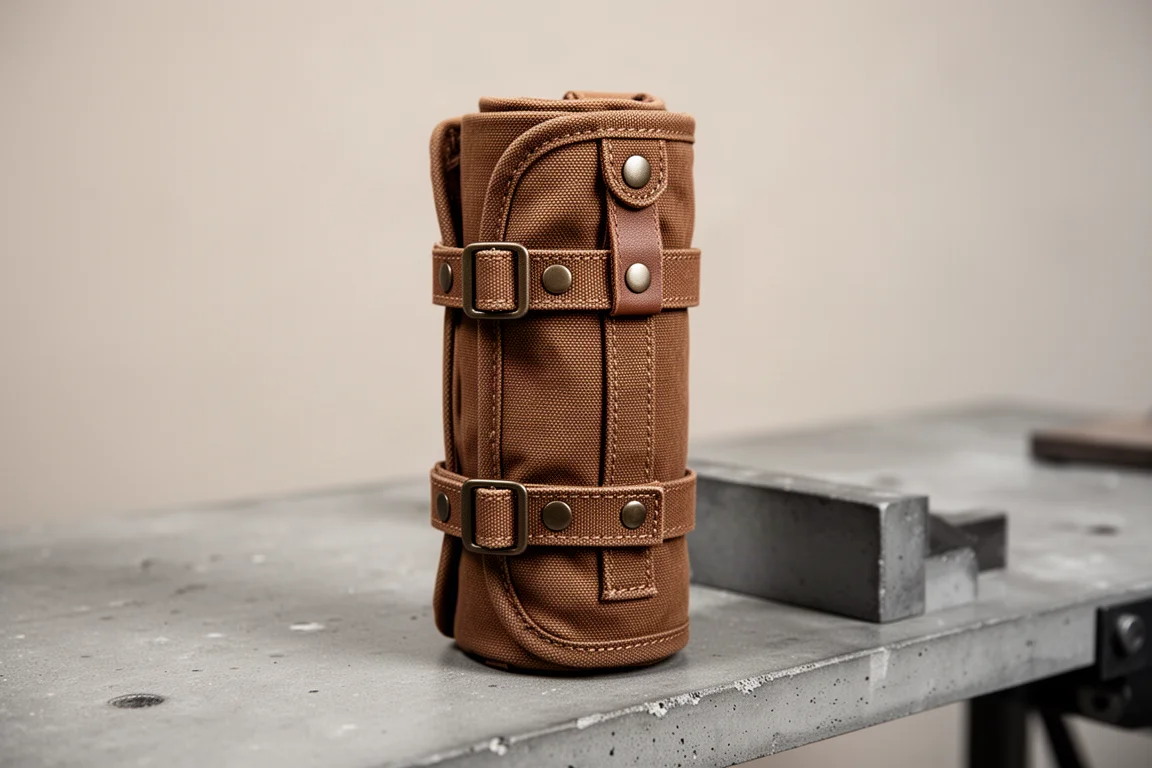 Rolled-up canvas tool roll secured with buckle straps on a workbench