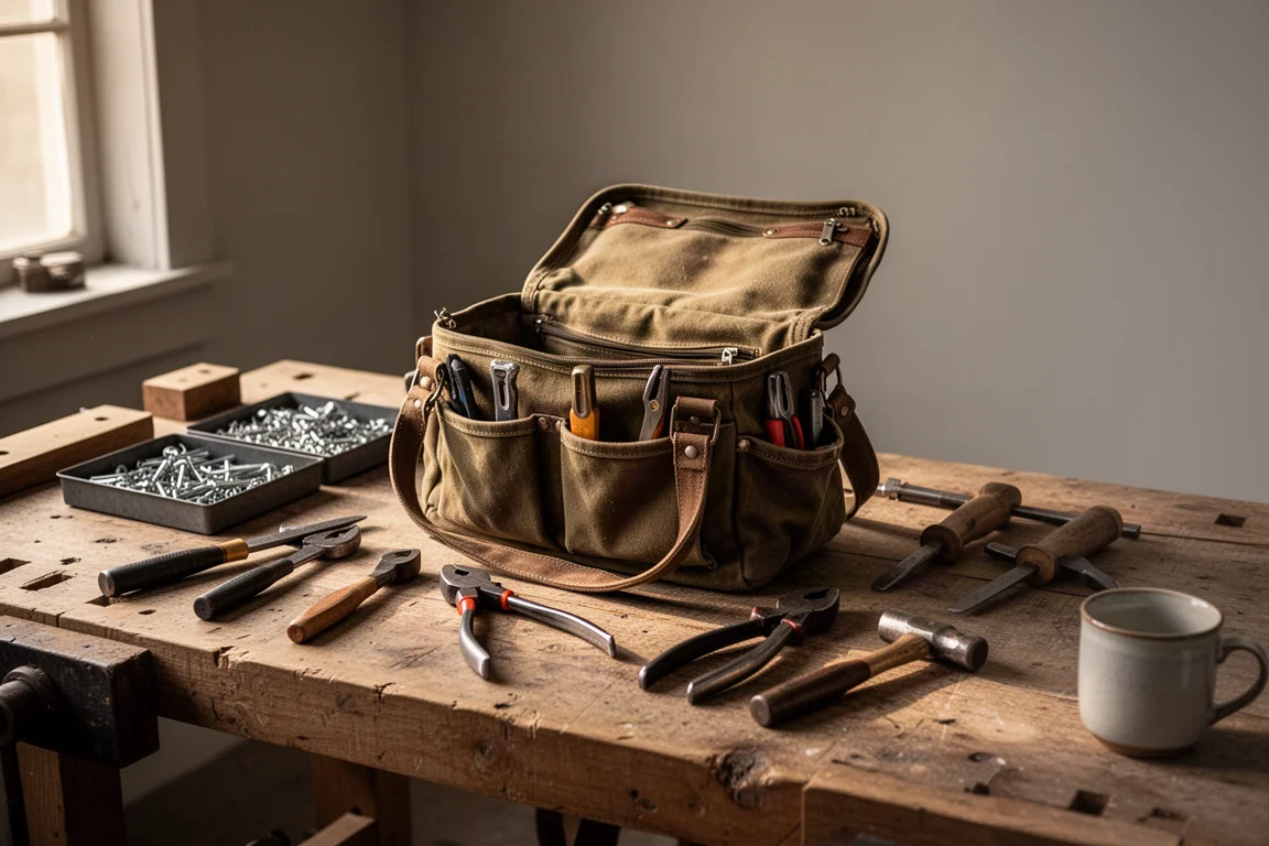 Workbench with open tool bag, scattered hand tools, and coffee mug