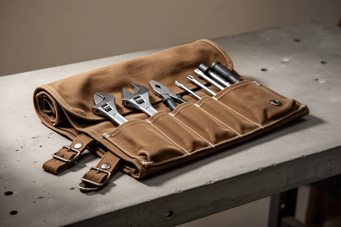 Brown canvas tool roll partially unrolled with hand tools in stitched pockets