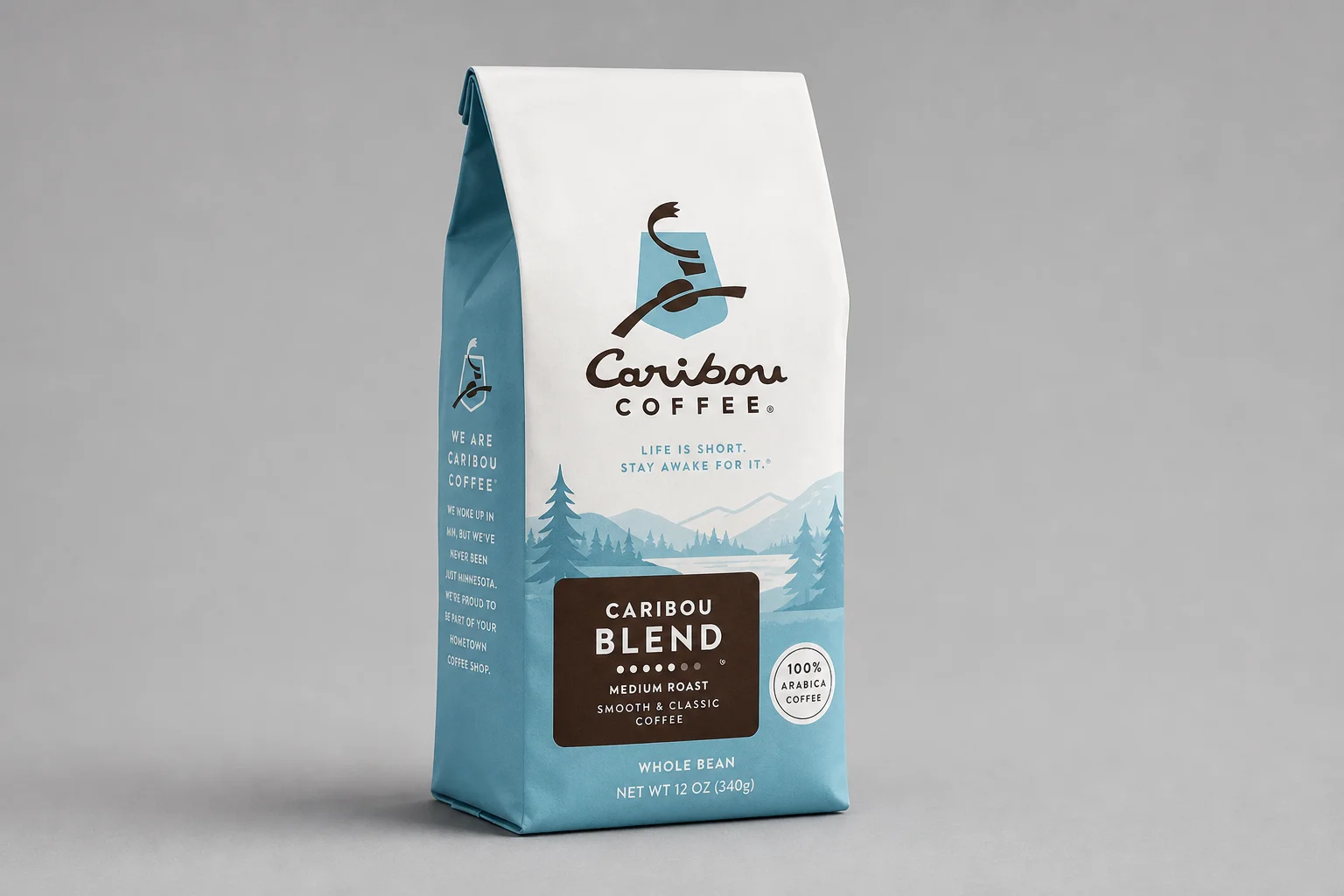 Five grocery store coffee brand bags arranged on concrete surface
